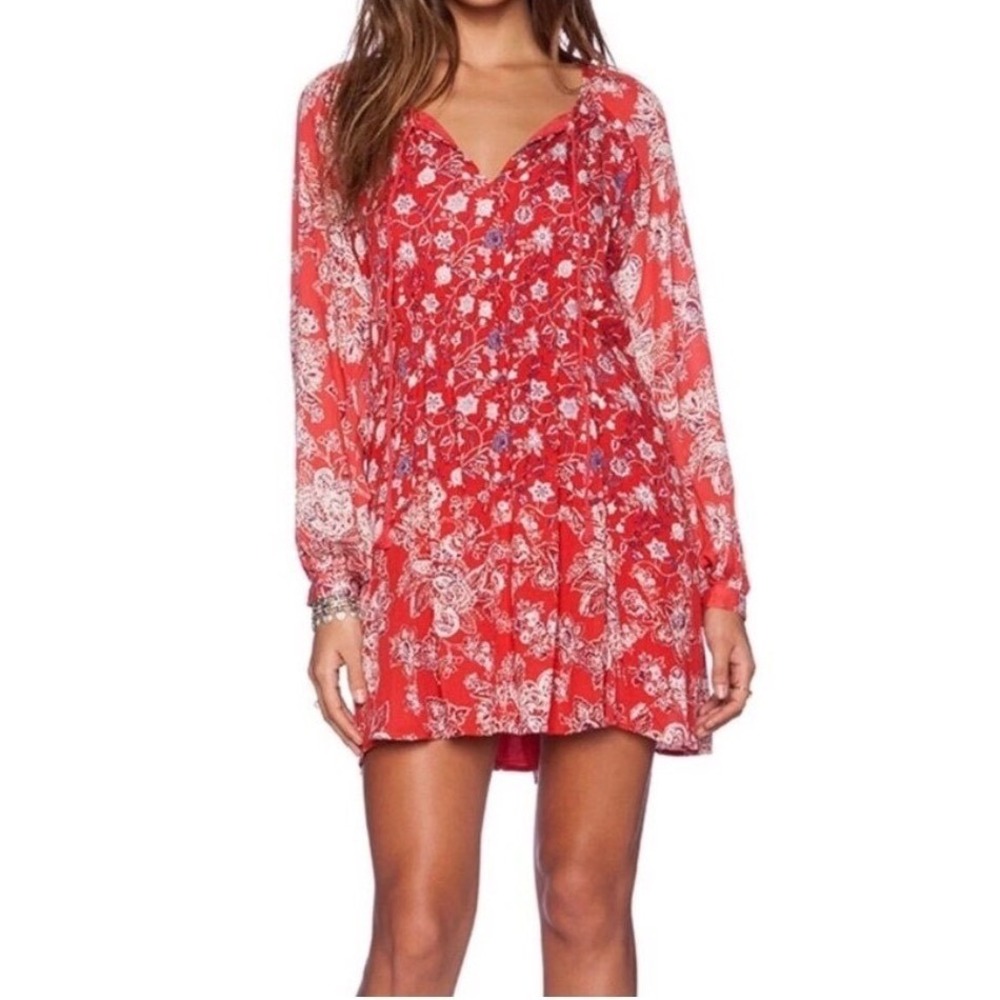 Free People Lucky Loosey Floral Boho Mini Dress Summer Festival Red Orange Small